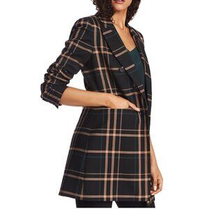 1.STATE Dynamite Ruched-Sleeve Plaid Long Blazer